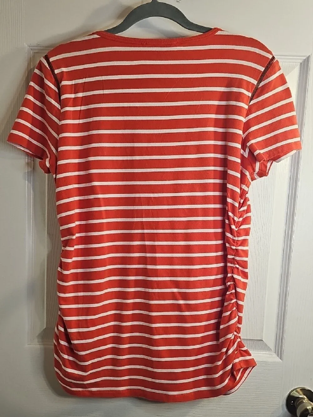 Michael Kors Orange & White Striped Short-Sleeve Scoop Neck Tee with Side Ruche